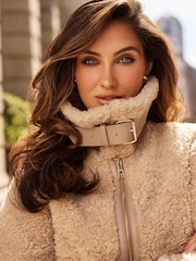 Lipsy Camel Shearling Biker Jacket - Image 3 of 6