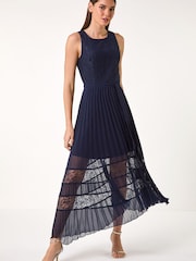 Roman Blue Pleated Lace Detail Midi Dress - Image 1 of 5