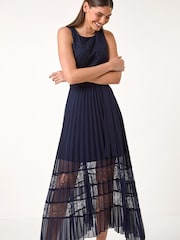 Roman Blue Pleated Lace Detail Midi Dress - Image 2 of 5