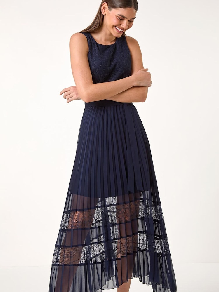Roman Blue Pleated Lace Detail Midi Dress - Image 2 of 5
