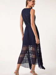Roman Blue Pleated Lace Detail Midi Dress - Image 3 of 5