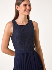 Roman Blue Pleated Lace Detail Midi Dress - Image 4 of 5