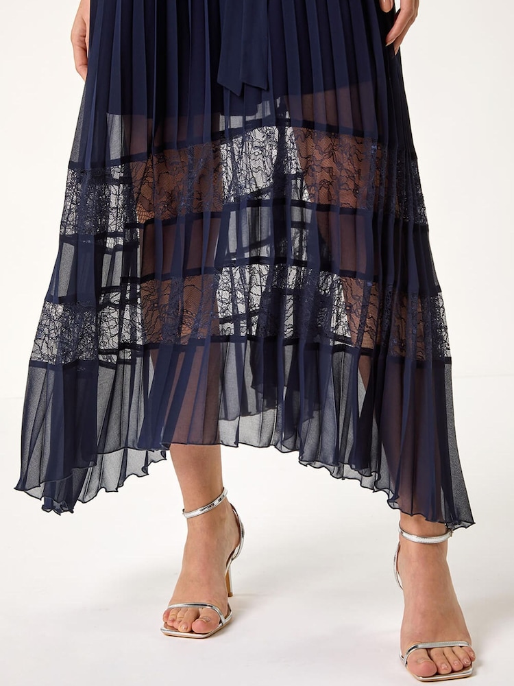 Roman Blue Pleated Lace Detail Midi Dress - Image 5 of 5