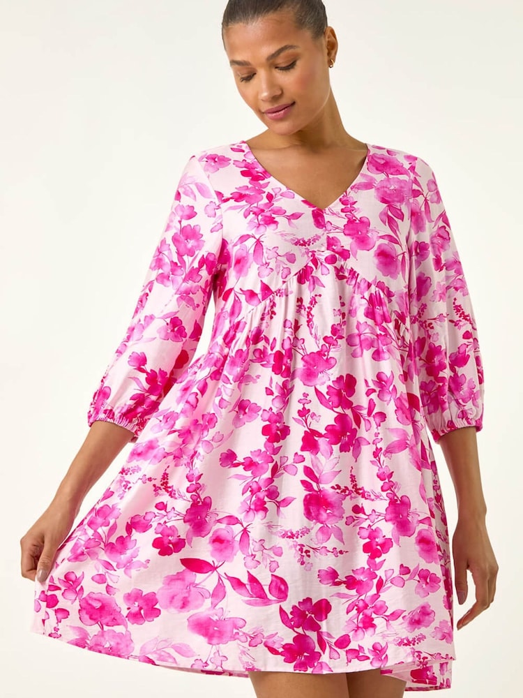Roman Pink Floral Print Smock Dress - Image 1 of 5 Roman Pink Floral Print Smock Dress - Image 1 of 5