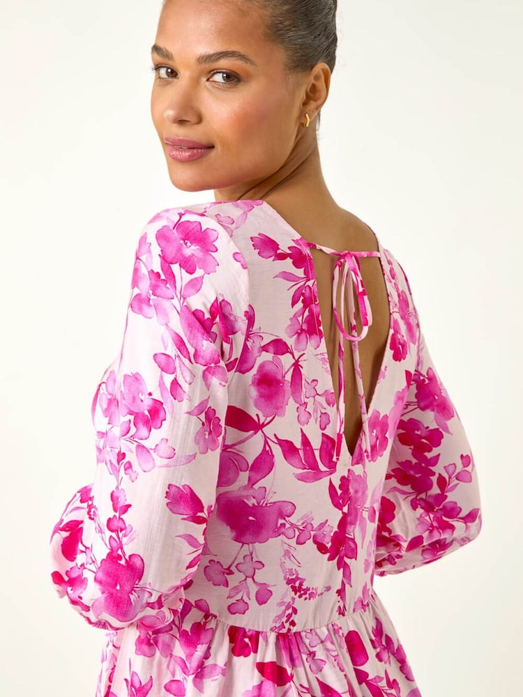 Roman Pink Floral Print Smock Dress - Image 2 of 5 Roman Pink Floral Print Smock Dress - Image 2 of 5