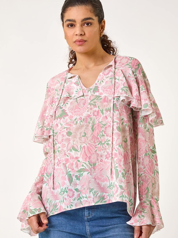 Roman Pink Floral Print Tie Front Top - Image 1 of 5 Roman Pink Floral Print Tie Front Top - Image 1 of 5