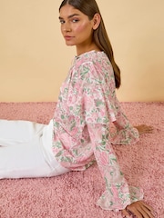 Roman Pink Floral Print Tie Front Top - Image 3 of 5