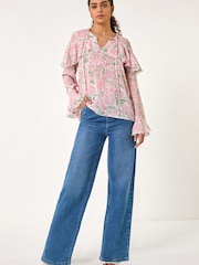 Roman Pink Floral Print Tie Front Top - Image 5 of 5