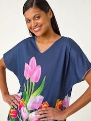 Roman Navy Blue Tulip Motif V-Neck Stretch Top - Image 4 of 5