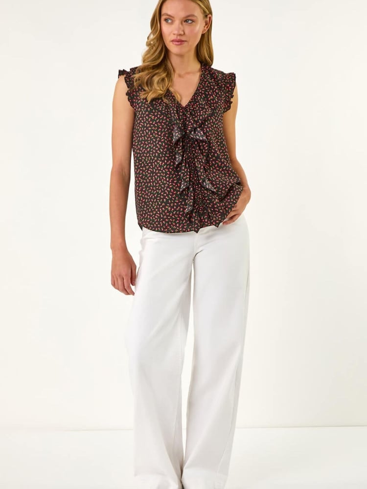 Roman Black Floral Print Ruffle Front Vest Top - Image 2 of 5 Roman Black Floral Print Ruffle Front Vest Top - Image 2 of 5