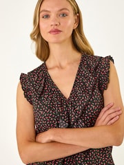 Roman Black Floral Print Ruffle Front Vest Top - Image 4 of 5