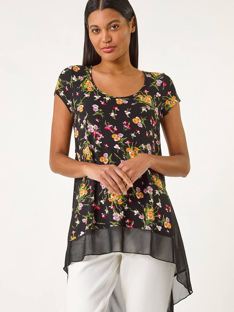 Roman Black Floral High Low Hem Top - Image 1 of 5 Roman Black Floral High Low Hem Top - Image 1 of 5