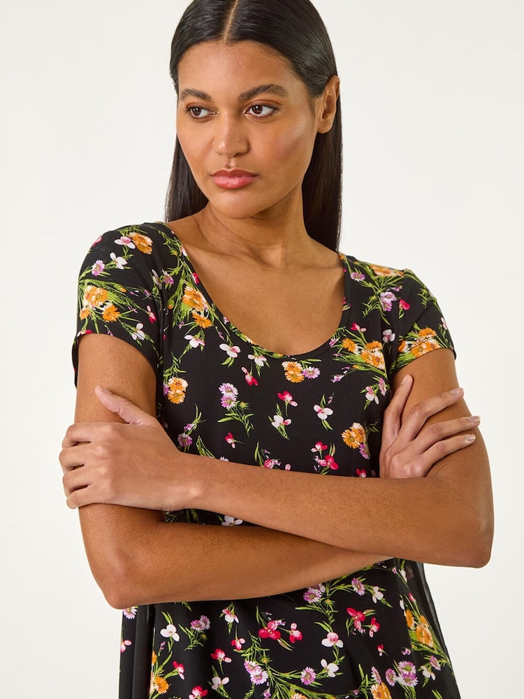 Roman Black Floral High Low Hem Top - Image 2 of 5 Roman Black Floral High Low Hem Top - Image 2 of 5