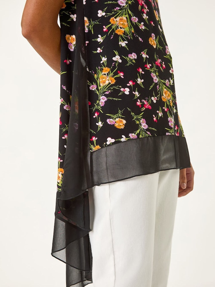 Roman Black Floral High Low Hem Top - Image 5 of 5 Roman Black Floral High Low Hem Top - Image 5 of 5