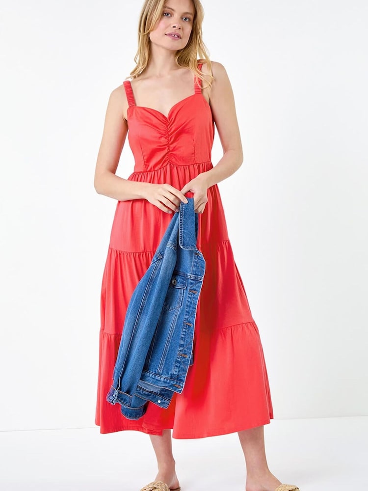 Roman Pink Cotton Strappy Tiered Midi Dress - Image 1 of 5