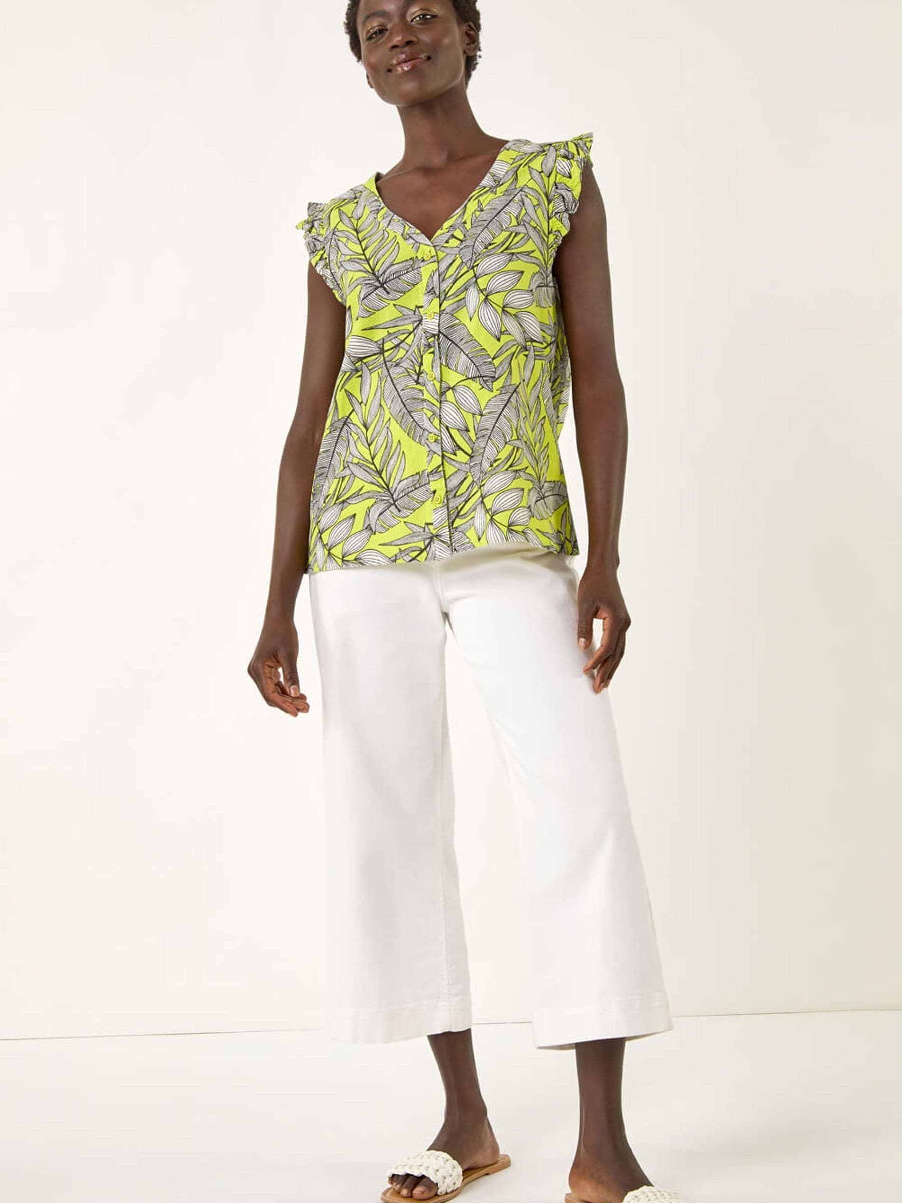 Roman Women's Green Tropical Print Frill Sleeve Vest