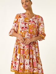 Roman Orange Patchwork Smock V-Neck Dress - Image 1 of 5