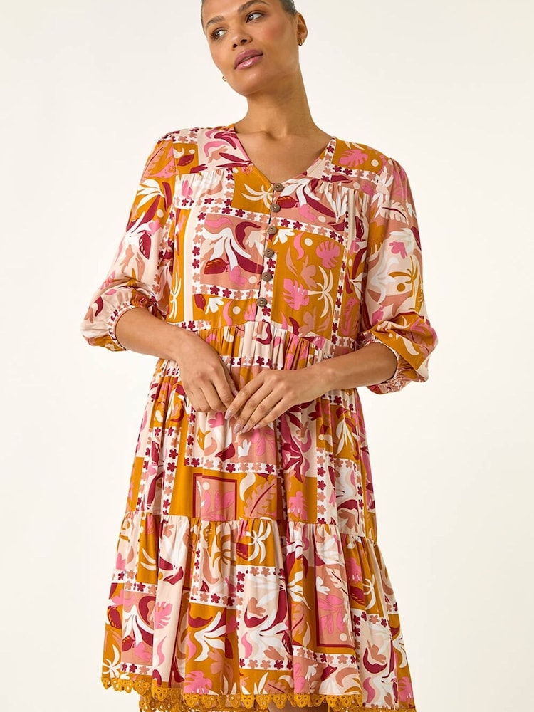 Roman Orange Patchwork Smock V-Neck Dress - Image 1 of 5