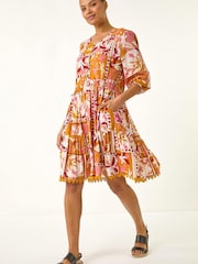 Roman Orange Patchwork Smock V-Neck Dress - Image 2 of 5