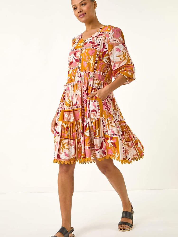 Roman Orange Patchwork Smock V-Neck Dress - Image 2 of 5