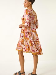 Roman Orange Patchwork Smock V-Neck Dress - Image 3 of 5