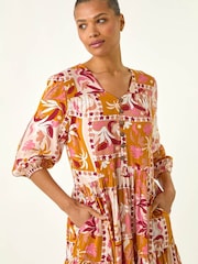 Roman Orange Patchwork Smock V-Neck Dress - Image 4 of 5