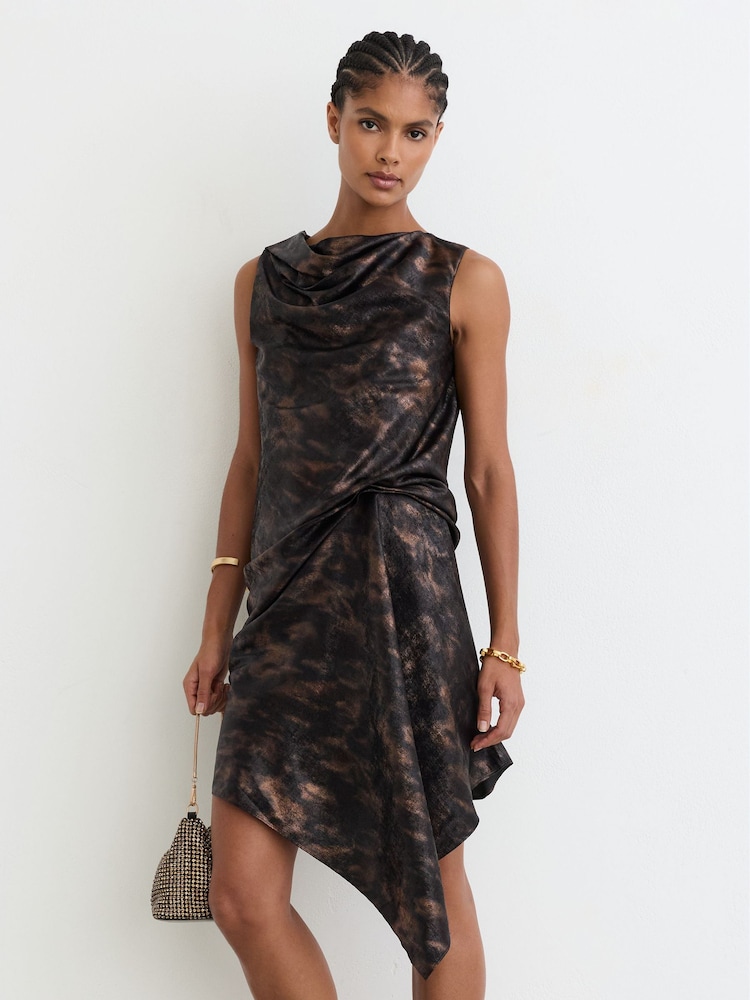 Reiss Black/Gold Cass Metallic-Thread Printed Draped Mini Dress - Image 1 of 8