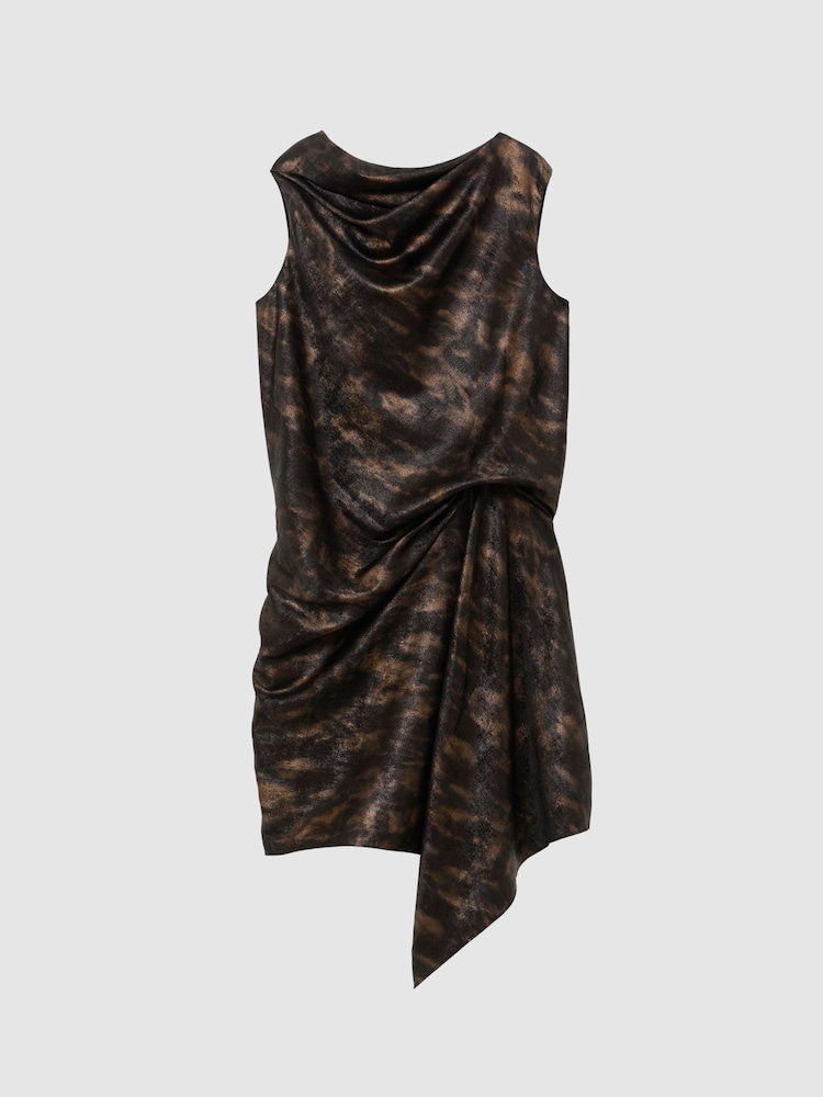 Reiss Black/Gold Cass Metallic-Thread Printed Draped Mini Dress - Image 2 of 8