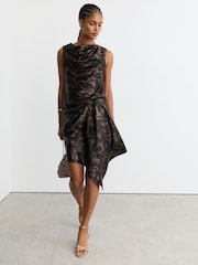 Reiss Black/Gold Cass Metallic-Thread Printed Draped Mini Dress - Image 3 of 8