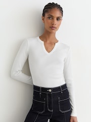 Reiss White Athena Stretch-Cotton Notch-Neck Top - Image 4 of 6