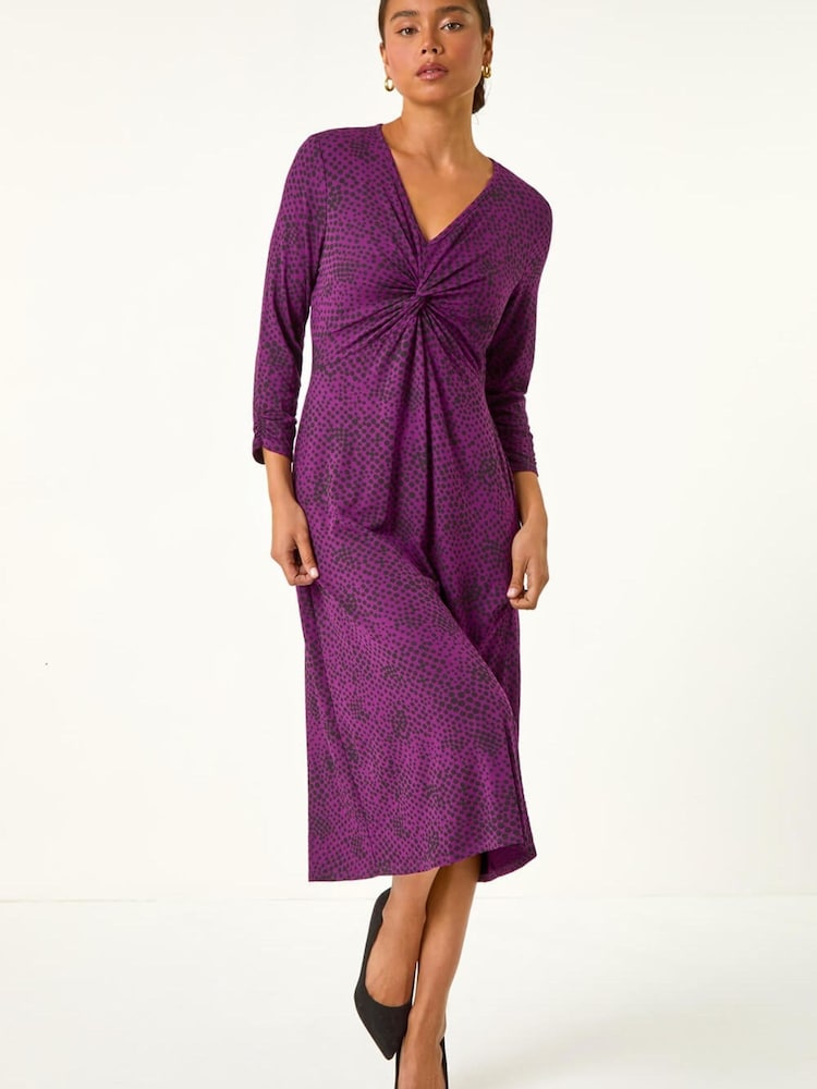 Roman Purple Petite Twist Front V-Neck Midi Dress - Image 2 of 5 Roman Purple Petite Twist Front V-Neck Midi Dress - Image 2 of 5