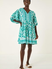 Roman Blue Tie Front Border Print Tassle Dress - Image 1 of 5