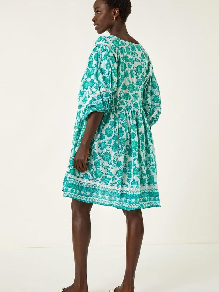 Roman Blue Tie Front Border Print Tassle Dress - Image 2 of 5 Roman Blue Tie Front Border Print Tassle Dress - Image 2 of 5