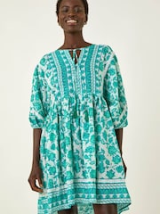 Roman Blue Tie Front Border Print Tassle Dress - Image 3 of 5