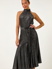 Roman Black Velvet Halter Neck Ruffle Hem Midi Dress - Image 2 of 5