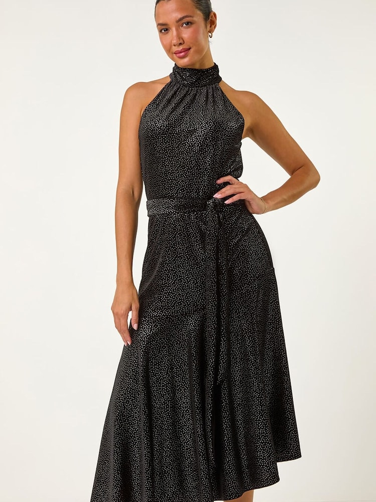 Roman Black Velvet Halter Neck Ruffle Hem Midi Dress - Image 2 of 5