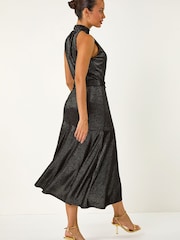 Roman Black Velvet Halter Neck Ruffle Hem Midi Dress - Image 3 of 5