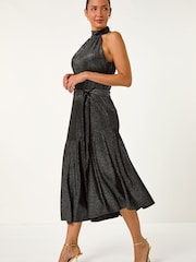 Roman Black Velvet Halter Neck Ruffle Hem Midi Dress - Image 4 of 5