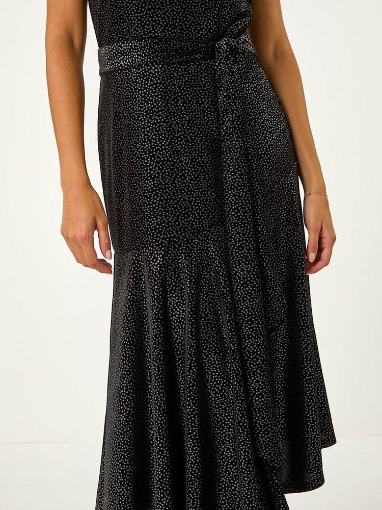 Roman Black Velvet Halter Neck Ruffle Hem Midi Dress - Image 5 of 5
