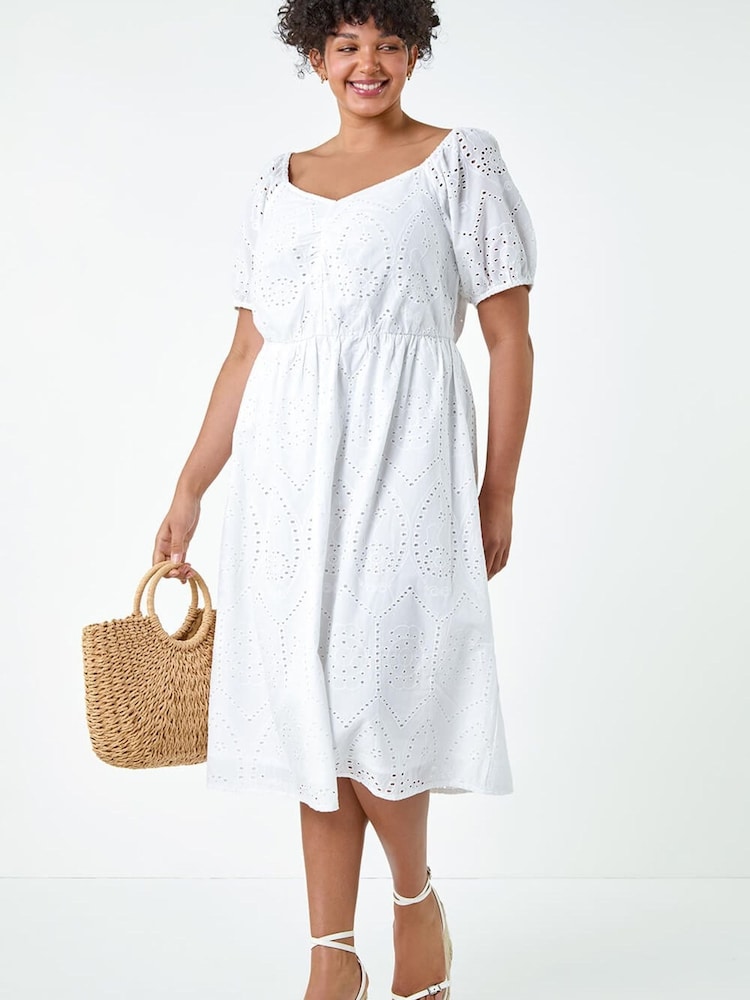 Roman White Curve Cotton Broderie Midi Dress - Image 1 of 5