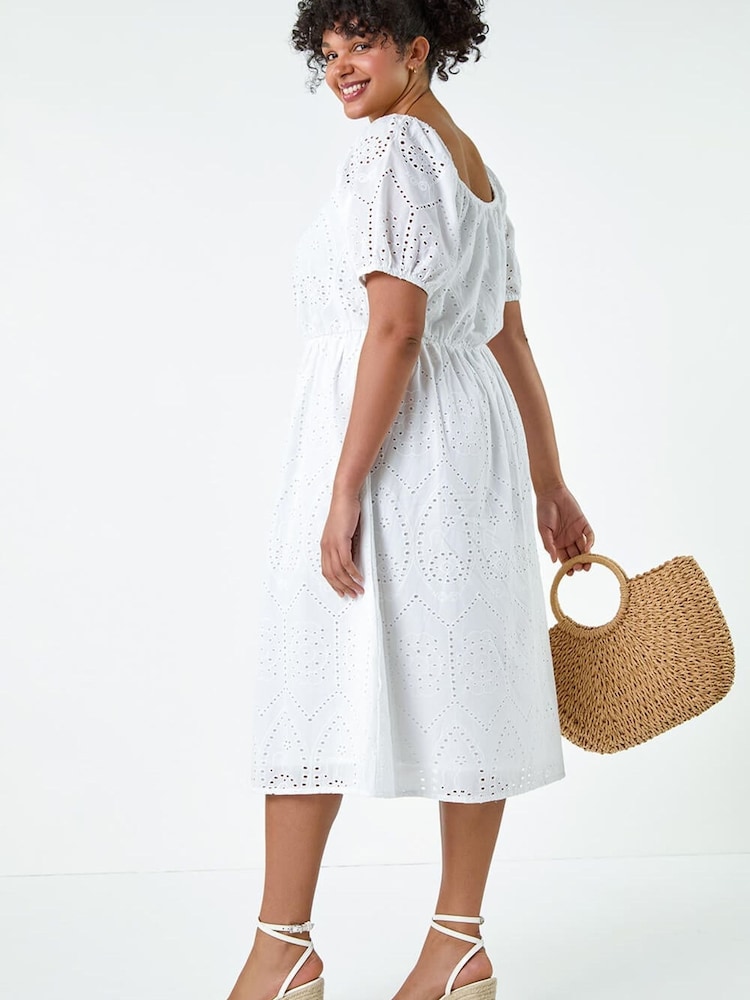 Roman White Curve Cotton Broderie Midi Dress - Image 2 of 5