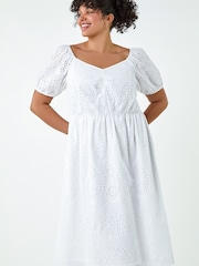 Roman White Curve Cotton Broderie Midi Dress - Image 3 of 5