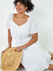 Roman White Curve Cotton Broderie Midi Dress - Image 4 of 5