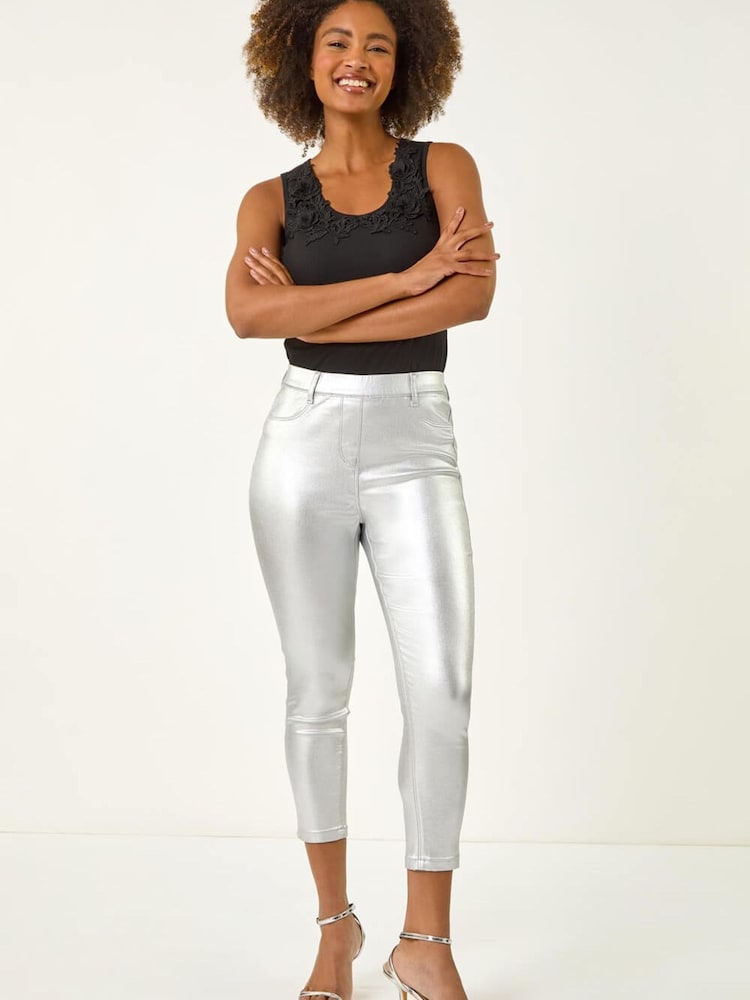 Roman Silver Metallic Coated Crop Denim Leggings - Image 2 of 5