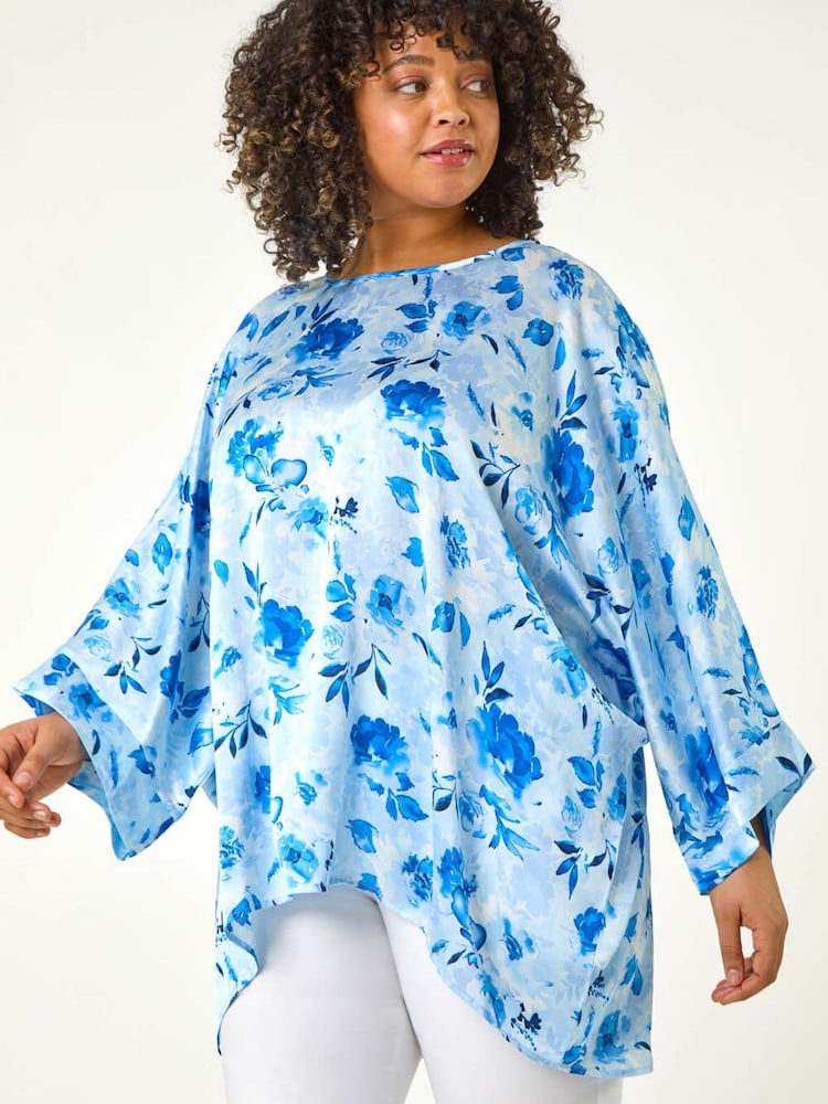 Roman Blue Curve Floral Print Tunic Top - Image 1 of 5