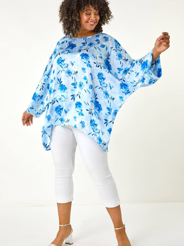 Roman Blue Curve Floral Print Tunic Top - Image 2 of 5