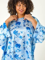 Roman Blue Curve Floral Print Tunic Top - Image 4 of 5