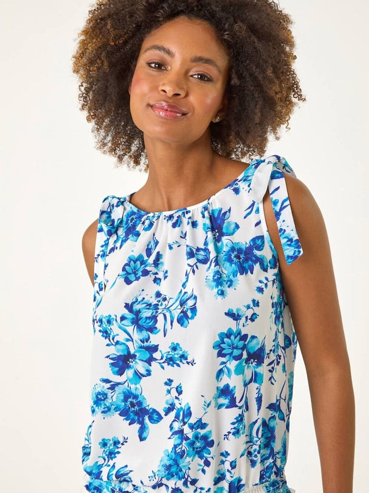 Roman Blue Floral Print Bow Detail Stretch Top - Image 1 of 5 Roman Blue Floral Print Bow Detail Stretch Top - Image 1 of 5