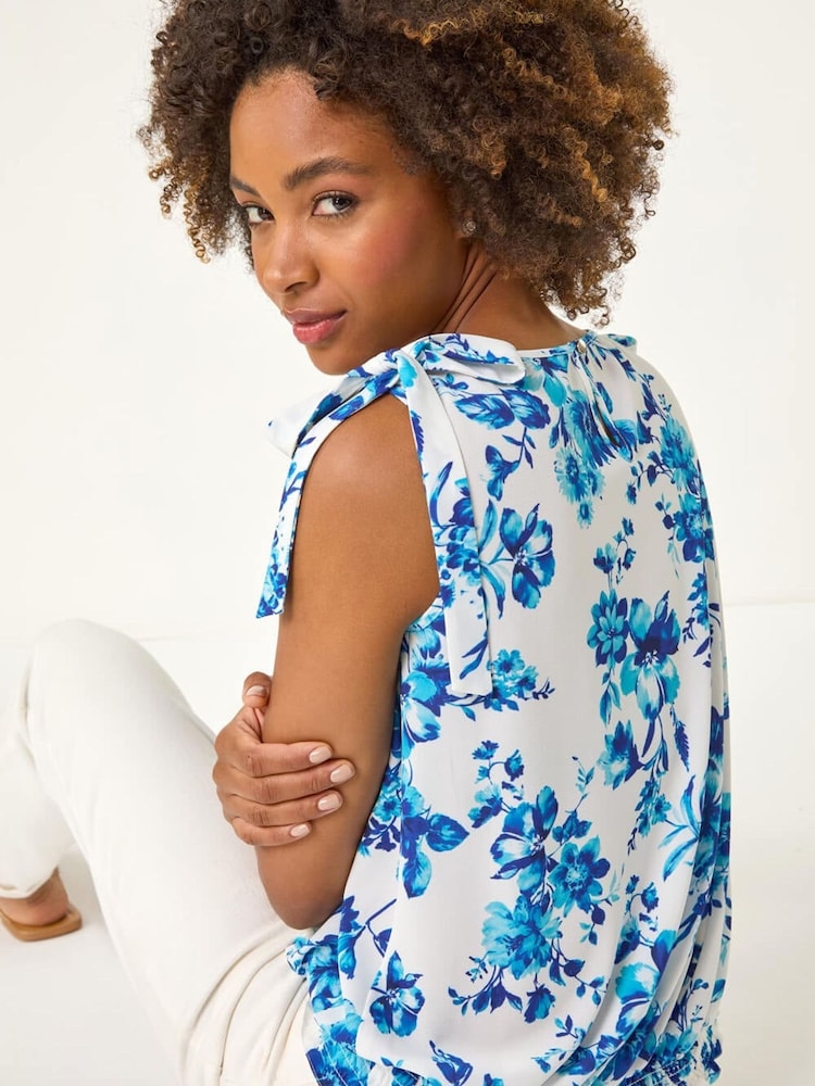 Roman Blue Floral Print Bow Detail Stretch Top - Image 2 of 5 Roman Blue Floral Print Bow Detail Stretch Top - Image 2 of 5