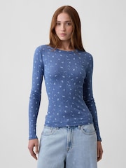 Bleu - T-shirt Gap Essential côtelé en maille pointelle à manches longues - Image 1 de 5